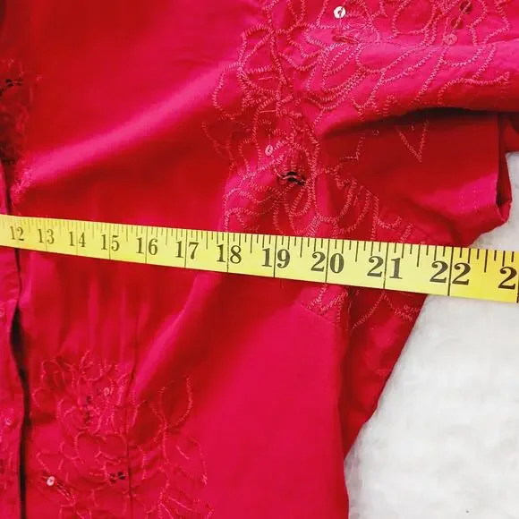 Blouse Size L Red Sequin Embroidered Short Sleeve Patriotic Americana 4th July - Picture 9 of 14